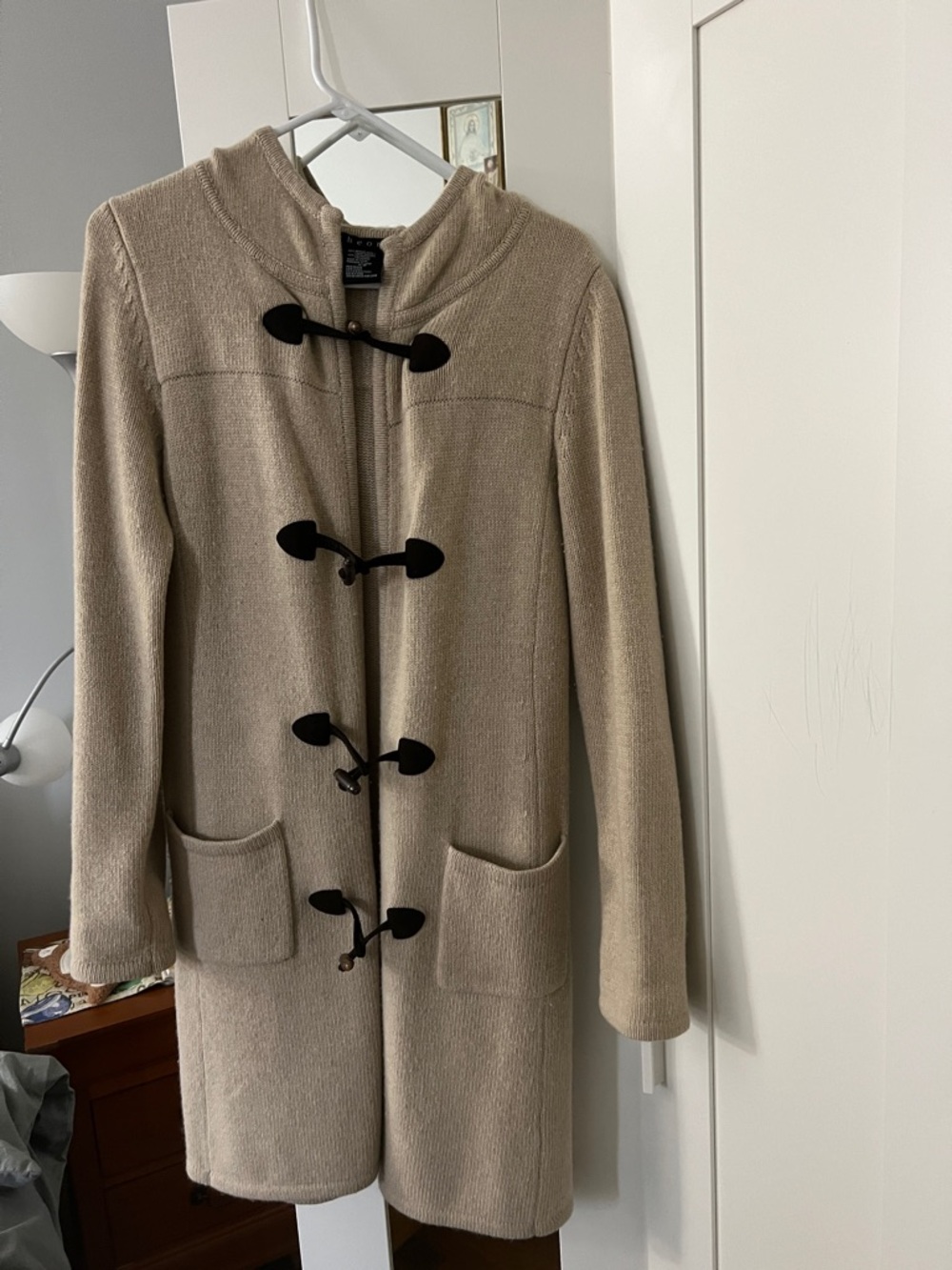 Theory Beige Hooded Toggle Pea Coat with Black Toggles